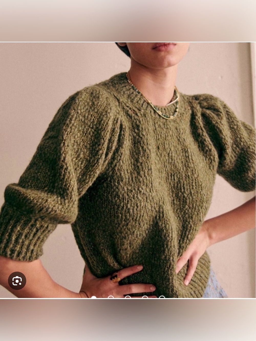 Sézane Norah Olive Green Puff-Sleeve Knit Sweater